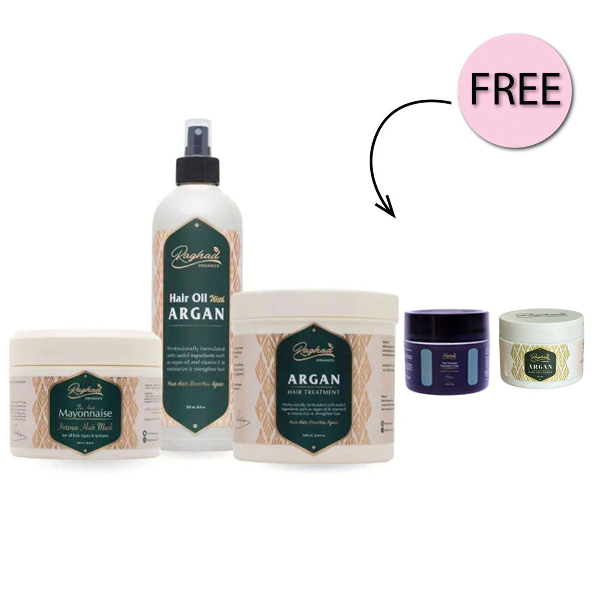 Raghad Organics Hair Package + Free Hammam Soap 50ml & Argan Treatment 50ml